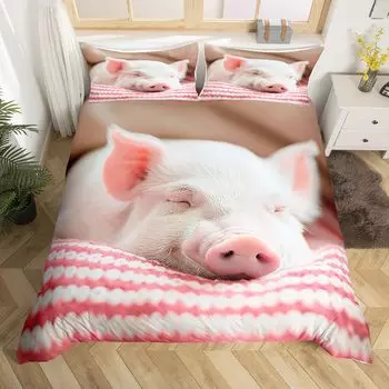 Комплект постельного белья Pink Pig King Queen Sleeping Pig, пододеяльник для детей, мальчиков и девочек, милые животные, чехол с 2 наволочками EU Single(135x200cm)