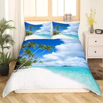 Комплект постельного белья «Пляж и океан» с изображением гавайских пальмовых волн, постельное белье из полиэстера с тематикой «Тропический остров и море, пляж, природа» 70x133cm 2pcs