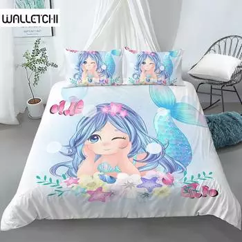 Комплект постельного белья, пододеяльник для детской кроватки, детский, синий, с рисунком русалки, Edredones Nios Girls, принцесса, полиэстер, пододеяльник EU single(135x200cm)