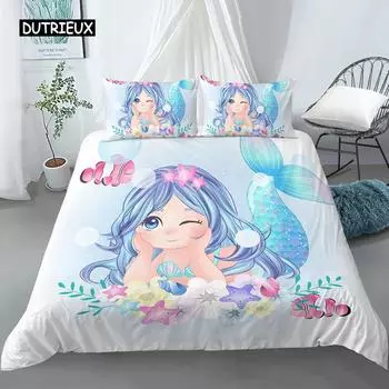 Комплект постельного белья, пододеяльник для детской кроватки, детский, синий, с рисунком русалки, Edredones Nios Girls, принцесса, полиэстер, пододеяльник US Queen(228x228cm)