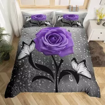 Комплект постельного белья Purple Rose из трех предметов с романтическим цветочным узором на День святого Валентина в подарок паре EU single 135*200