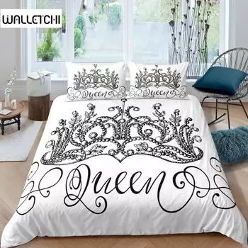 Комплект постельного белья Queen с нарисованной вручную короной и надписью Queen в стиле барокко, комплект постельного белья для двоих, черно-белый пододеяльник EU single(135x200cm)