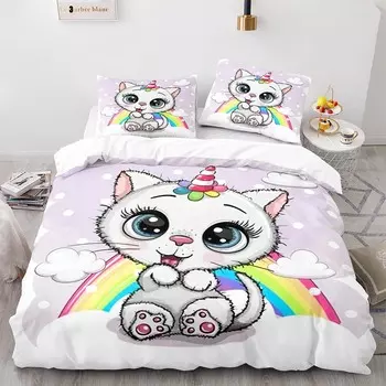 Комплект постельного белья Rainbow Cat Single Twin Full Queen King Size Kawaii Girl Bed Sets Aldult Kid Bedroom Duvetcover Sets 3D Print 013 EU single(135x200cm)