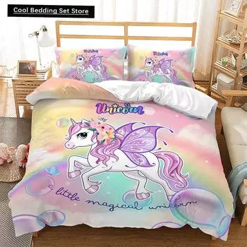 Комплект постельного белья Rainbow Unicorn Kawaii с изображением мультяшных животных для детей и девочек, 2/3 шт., односпальный, двуспальный, двуспальный, комплект пододеяльников размера Queen EU single(135x200cm)