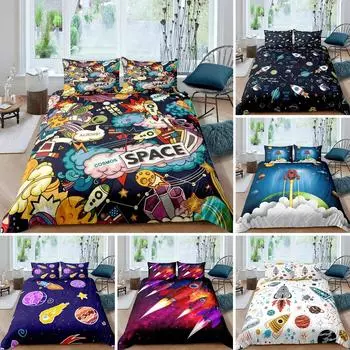 Комплект постельного белья «Ракета» King Size, комплект постельного белья «Космический корабль», микрофибра, космический корабль, звезды, планета, мультяшный стиль, пододеяльник 70x133cm 2pcs