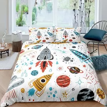 Комплект постельного белья «Ракета» King Size, комплект постельного белья «Космический корабль», микрофибра, космический корабль, звезды, планета, мультяшный стиль, пододеяльник EU single(135x200cm)