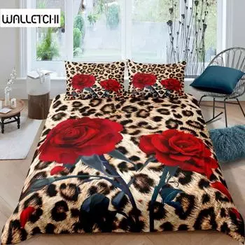 Комплект постельного белья Red Rose для девочек из полиэстера с леопардовым принтом, комплект постельного белья Queen Red Floral Petals Pattern Twin EU single(135x200cm)