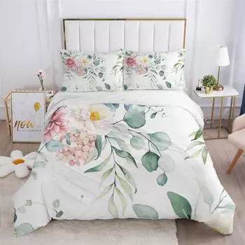 Комплект постельного белья Rustic Flower White из микрофибры с изображением листьев деревьев и цветов, комплект пододеяльников с 3D-принтом и наволочками, декор комнаты EU single(135x200cm)
