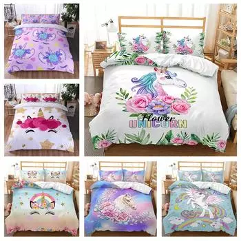 Комплект постельного белья с 3D единорогом, милое мультяшное животное, пуховое одеяло и наволочка, 2/3 шт. DE155 * 200, полноразмерное быстросохнущее украшение для дома Baby 100x135cm