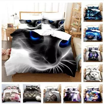 Комплект постельного белья с 3D кошачьей тематикой, пуховое одеяло и наволочка с животными, 2/3 предмета, AU/EU/DE/US/UK, полноразмерное украшение для дома UK Single 135x200cm