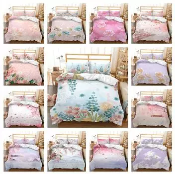Комплект постельного белья с 3D розовым цветочным пейзажем в китайском стиле, пододеяльник и наволочка, 2/3 предмета, моющиеся, быстросохнущие, украшение для дома Baby 100x135cm
