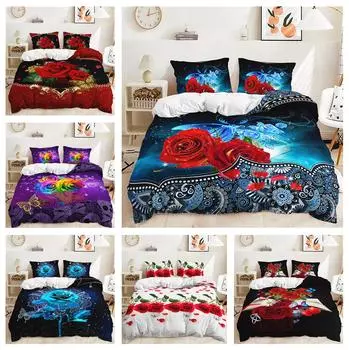 Комплект постельного белья с 3D розой Романтическая любовь Вниз Пододеяльник Наволочка 2/3 шт. Цветочный узор День святого Валентина Полный размер Домашний текстиль Женский пододеяльник Baby 100x135cm