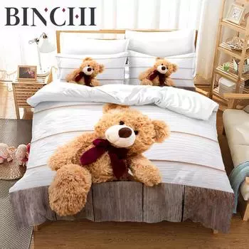 Комплект постельного белья с 3D плюшевым мишкой, белый белый медведь, постельное белье для подростков и женщин, односпальный, двуспальный, двуспальный, двуспальный, полный размер, пододеяльник, 2/3 шт. постельного белья EU single(135x200cm)