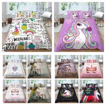 Комплект постельного белья с 3D принтом единорога, дышащий теплый пододеяльник из микрофибры, покрывала, домашнее постельное белье с наволочками, Лидер продаж UK Single 135x200cm