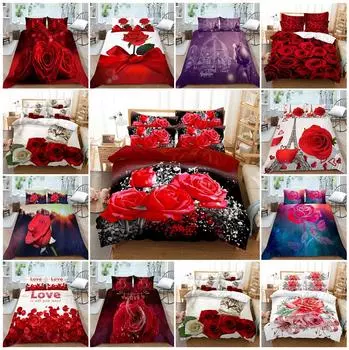 Комплект постельного белья с 3D-изображением красных роз на День святого Валентина, пододеяльник, наволочка, простыня/двуспальная кровать, полный размер, 2/3 шт., украшение для дома Baby 100x135cm