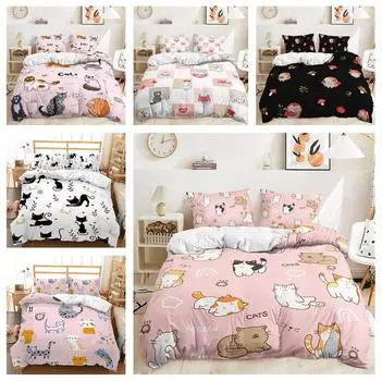 Комплект постельного белья с 3D-мультяшными животными, милый кот, пододеяльник, наволочка, 2/3 шт., односпальная двуспальная кровать, покрывало, подарок, домашний текстиль Baby 100x135cm