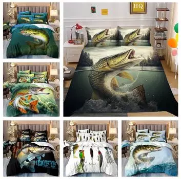 Комплект постельного белья с 3D-принтом «Рыбалка», пододеяльник с рыбьим пухом, наволочка 2/3 шт., кровать размера «king-size», для мальчика, для мужчины, мягкий домашний текстиль DE 100x135cm