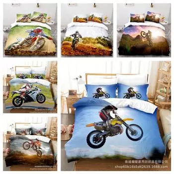 Комплект постельного белья с 3D-принтом, мотоциклетное пуховое одеяло и наволочка, 2/3 предмета, односпальная/двуспальная кровать, комната для мальчика, полноразмерный, быстросохнущий, моющийся домашний текстиль Baby 100x135cm