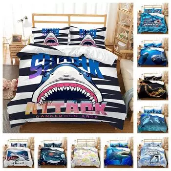 Комплект постельного белья с 3D узором акулы HD с цифровой печатью, пододеяльник с морскими животными, 2/3 предмета, мягкая машинная стирка для детской комнаты, украшение для дома Baby 100x135cm