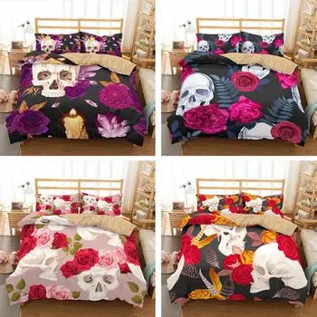 Комплект постельного белья с 3D розой и черепом, цветок, голова черепа, пододеяльник, наволочка, 2/3 шт., ткань из микрофибры, мягкое и удобное украшение для дома Baby 100x135cm