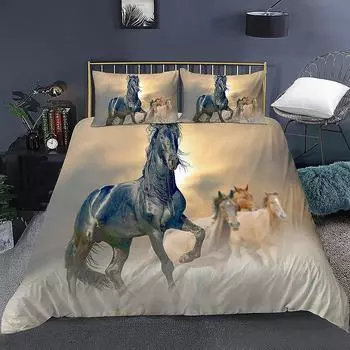 Комплект постельного белья с 3D-принтом в виде животных, комплект постельного белья Domineering Galloping Horse, мягкие 2/3 предмета из полиэстера, пододеяльники с наволочкой 70x133cm 2pcs золотой