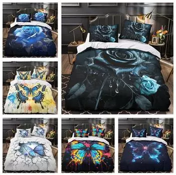 Комплект постельного белья с 3D бабочками и цветами, роза для женщин и девочек, одеяло и наволочка, 2/3 шт., полноразмерный быстросохнущий и грязеотталкивающий чехол Baby 100x135cm