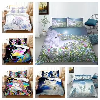 Комплект постельного белья с 3D единорогом, пододеяльник и наволочка, 2 или 3 односпальные двуспальные кровати, полноразмерное постельное белье для комнаты для девочек на молнии, супер удобное постельное белье DE 100x135cm