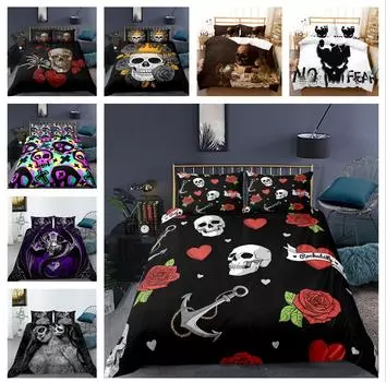 Комплект постельного белья с 3D черепом и рисунком ужасов, пододеяльник и наволочка, 2/3 предмета, AU/EU/DE/US/UK, полноразмерное украшение для дома на Хэллоуин UK Single 135x200cm