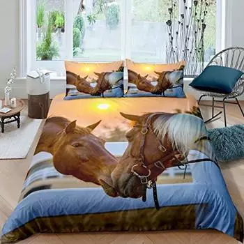 Комплект постельного белья с 3D-принтом «Любитель лошадей» на фоне заката, комплект постельного белья с изображением животных, 3 предмета, мягкий полиэстеровый пододеяльник EU Single(135x200cm)