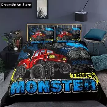 Комплект постельного белья с 3D-принтом Monster Truck, симпатичное одеяло, покрывало с наволочкой, двуспальная кровать размера Queen King Size для мальчиков и взрослых, для дома EU Single 90x200cm