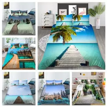 Комплект постельного белья с 3D пейзажным узором, летний берег, пододеяльник, наволочка, 2/3 шт., AU240 * 270, полный размер, украшение для дома Baby 100x135cm