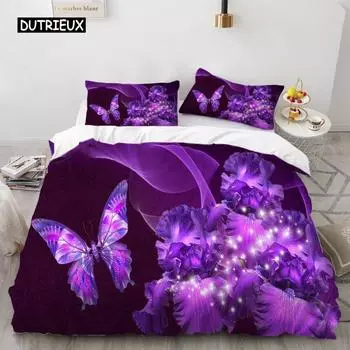 Комплект постельного белья с бабочками, комплект постельного белья с 3D-принтом в виде фиолетовой бабочки и цветочным принтом, фантазийная тема, одеяло размера «king size» для девочки EU single(135x200cm)