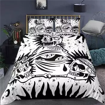 Комплект постельного белья с черепом, белый и черный в стиле бохо, готика, череп, скелет, кости, тема, одеяло, покрывало для взрослых, декор 70x133cm 2pcs