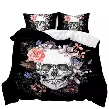 Комплект постельного белья с черепом Queen 3D Skeleton Floral Skull Pattern Printed Beds Qulit Cover Gothic Microfiber Beds Queen Size 70x133cm 2pcs
