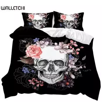 Комплект постельного белья с черепом Queen 3D Skeleton Floral Skull Pattern Printed Beds Qulit Cover Gothic Microfiber Beds Queen Size EU single(135x200cm)