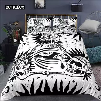 Комплект постельного белья с черепом, белый и черный в стиле бохо, готика, череп, скелет, кости, тема, одеяло, покрывало для взрослых, декор EU single(135x200cm)
