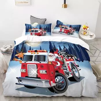 Комплект постельного белья с цифровой печатью 3D HD, комплект пододеяльников с героями мультфильмов для детей, рождественские украшения, пожарная машина Санта-Клауса 228*228 3pcs