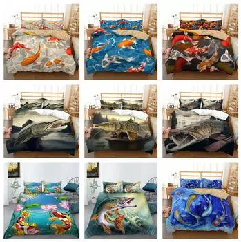 Комплект постельного белья с цифровым 3D-принтом высокой четкости и рисунком рыбы, благоприятное пуховое одеяло и наволочка из кои, 2/3 предмета, AU/US/DE, полноразмерное украшение для дома Baby 100x135cm