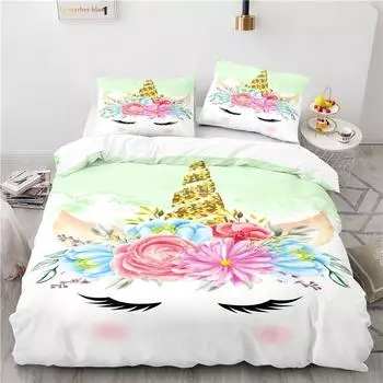 Комплект постельного белья с цветочным принтом «Единорог» 2/3 шт., пододеяльник, наволочка, 3D-принт, пододеяльник, двуспальная кровать, размер «king-size», домашний текстиль, подарок 135x200cm