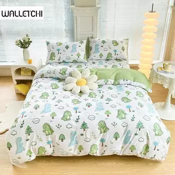 Комплект постельного белья с цветочным принтом динозавров для детского сада, двуспальная кровать, односпальный размер, пододеяльник, простыня, наволочка, комплект постельного белья EU single(135x200cm)