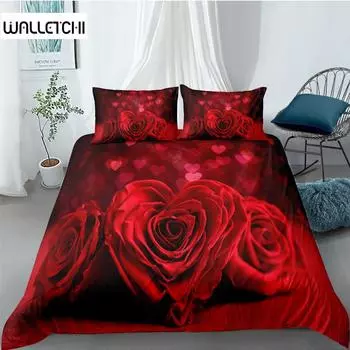 Комплект постельного белья с цветочным принтом ко Дню святого Валентина, 2/3 предмета, роскошная роза, сердце, любовь, королева, близнец, королева, полиэстер, пододеяльник, наволочка EU single(135x200cm)