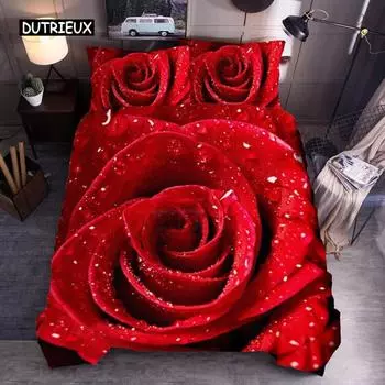 Комплект постельного белья с цветочным принтом King Microfiber Red Rose Blossom Flower Комплект постельного белья Red Botanical Покрывало для пододеяльника Romantic Quilt Cover US Queen(228x228cm)