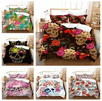 Комплект постельного белья с цветочным черепом и узором ужасов, красочный пододеяльник с головой черепа 2/3, макет атмосферы Хэллоуина, украшение дома AU/EU/US/UK/DE Baby 100x135cm