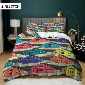 Комплект постельного белья с домиками размера King Size 2/3 шт. Комплект постельного белья с разноцветными домиками и геометрическим узором для детей, мальчиков и подростков, микрофибровое одеяло EU single(135x200cm)