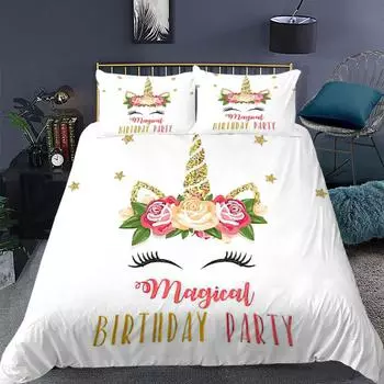 Комплект постельного белья с единорогом размера King Queen, разноцветный единорог с милыми цветами и звездами для подростков, мальчиков и девочек, комплект постельного белья из полиэстера 70x133cm 2pcs