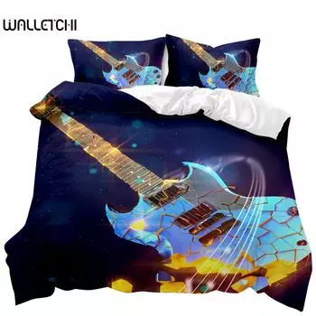 Комплект постельного белья с гитарой, двойной комплект постельного белья с рок-музыкой, комплект постельного белья в стиле хип-хоп и хиппи, синий комплект постельного белья с гитарой и полиэстером для подростка EU single(135x200cm)