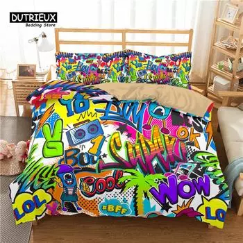 Комплект постельного белья с городским граффити, блокбастерный стиль, граффити, напыленные перекрывающие друг друга блочные буквы, уличное искусство, комплект постельного белья, наволочки 150x200cm 3pcs
