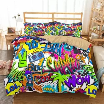 Комплект постельного белья с городским граффити, блокбастерный стиль, граффити, напыленные перекрывающие друг друга блочные буквы, уличное искусство, комплект постельного белья, наволочки EU single(135x200cm)