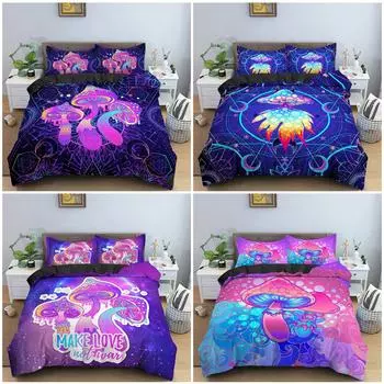 Комплект постельного белья с грибами, психоделический мягкий пододеяльник с наволочками, покрывало, постельное белье, полный размер King Queen Size, постельное белье UK Single 135x200cm