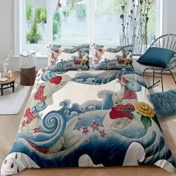 Комплект постельного белья с изображением рыб кои размера King Size, комплект постельного белья с изображением лотоса из микрофибры, двухслойное одеяло в виде облака для девочки, фермерский дом EU single(135x200cm)